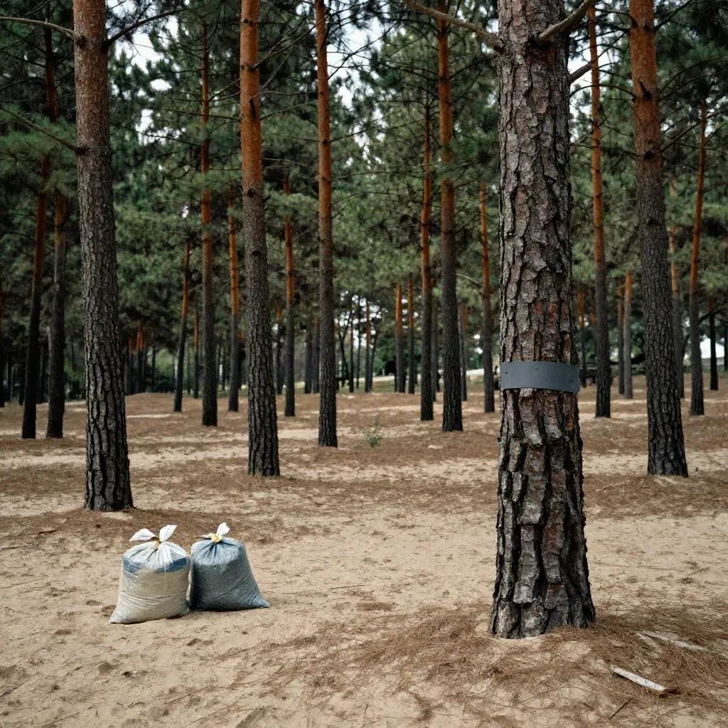 Pinos sanos con bolsas retiradas y tronco revisado en una arboleda controlada.