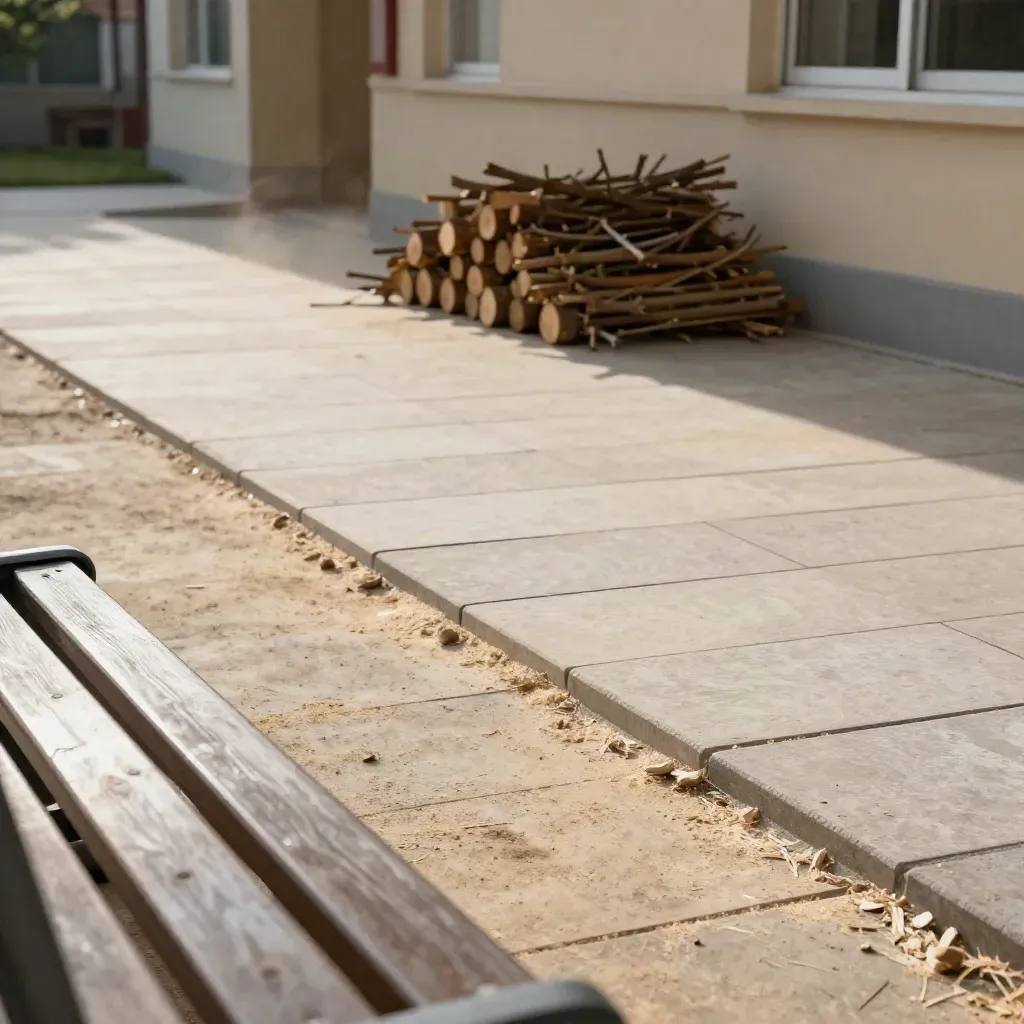 Patio escolar despejado con suelo limpio, bancos y luz cálida tras la tala de un olmo.